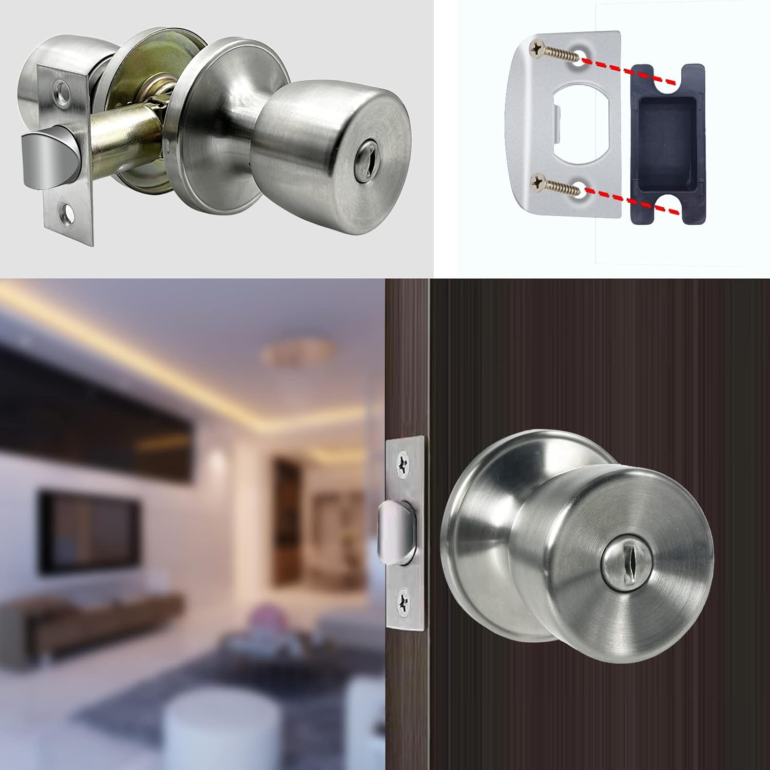 Stainless Keyless Privacy Locking Door Knob for Bedroom and Bathroom - Satin Nickel Ball Passage Door Knob