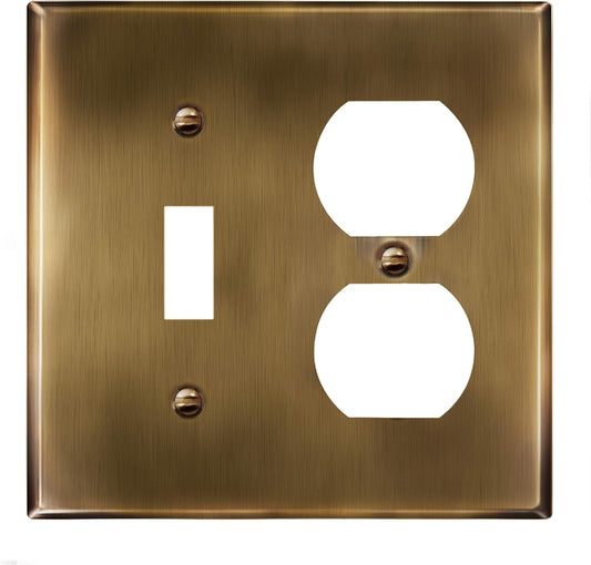 Stainless Steel 2-Gang Wall Plate with Toggle Switch and Duplex Receptacle, Corrosion-Resistant Outlet Cover, Antique Brass Finish