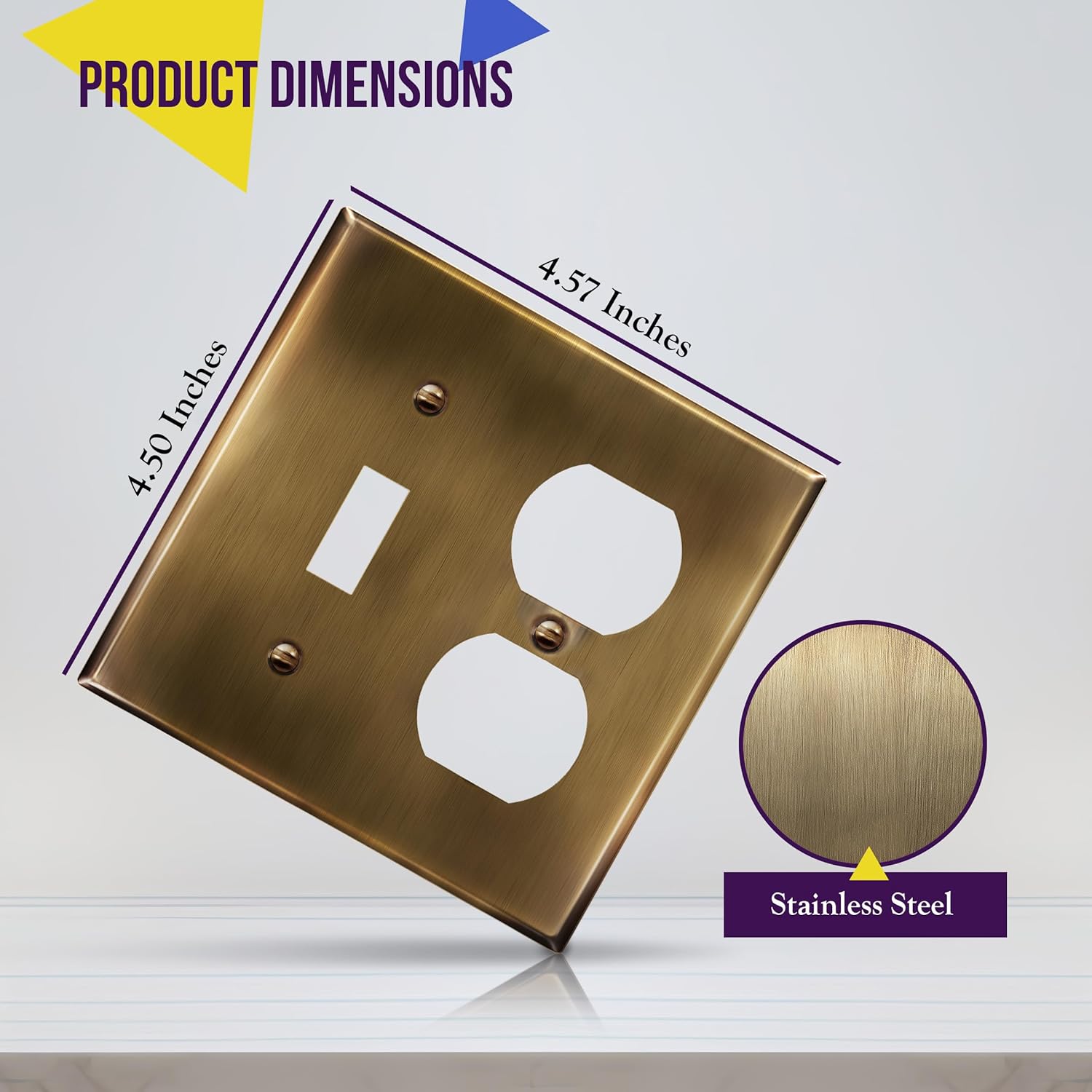 Stainless Steel 2-Gang Wall Plate with Toggle Switch and Duplex Receptacle, Corrosion-Resistant Outlet Cover, Antique Brass Finish