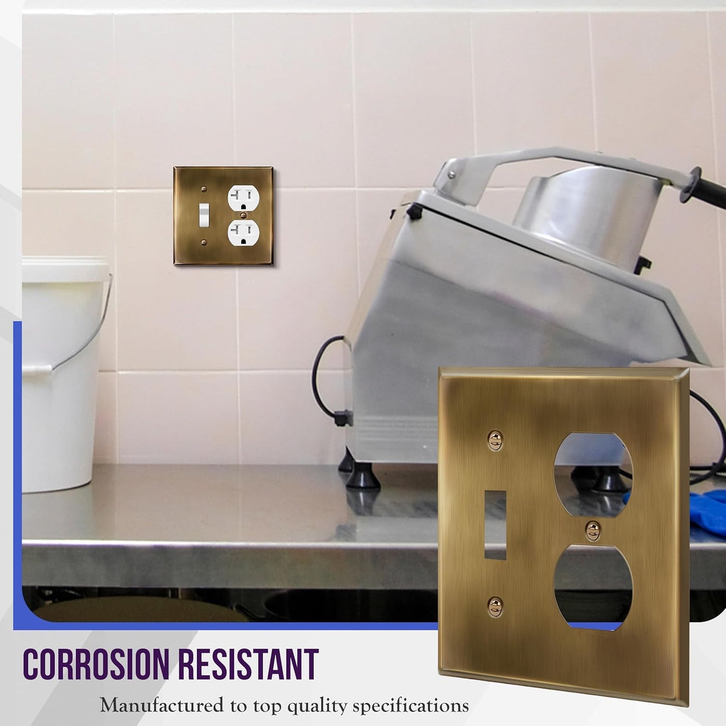 Stainless Steel 2-Gang Wall Plate with Toggle Switch and Duplex Receptacle, Corrosion-Resistant Outlet Cover, Antique Brass Finish