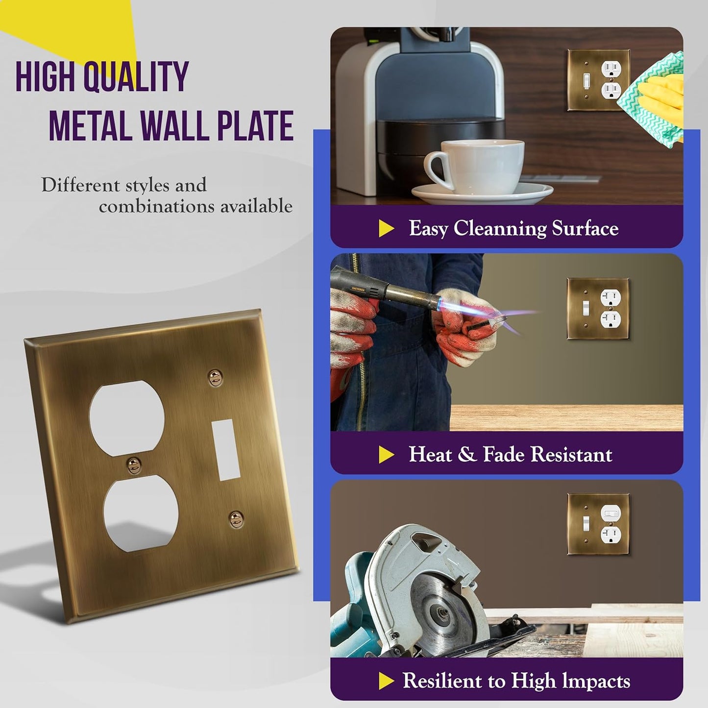 Stainless Steel 2-Gang Wall Plate with Toggle Switch and Duplex Receptacle, Corrosion-Resistant Outlet Cover, Antique Brass Finish