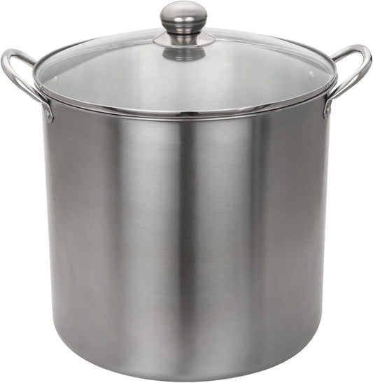 Stainless Steel 21.5-Quart Multi-Use Food Canner with Glass Lid - Durable & Easy-to-Clean Steel Construction, Double-Sided Jar Rack for Canning