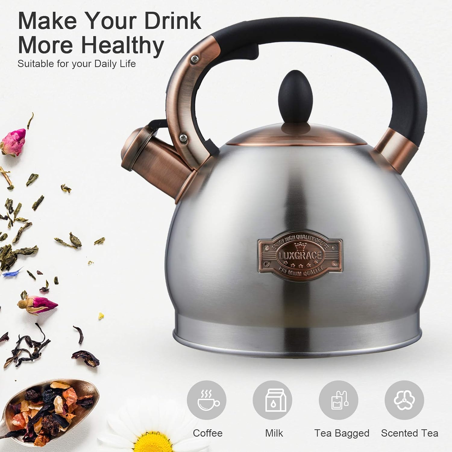 Stainless Steel 2.8 Quart Tea Kettle Stovetop Whistling Teapot - LUXGRACE