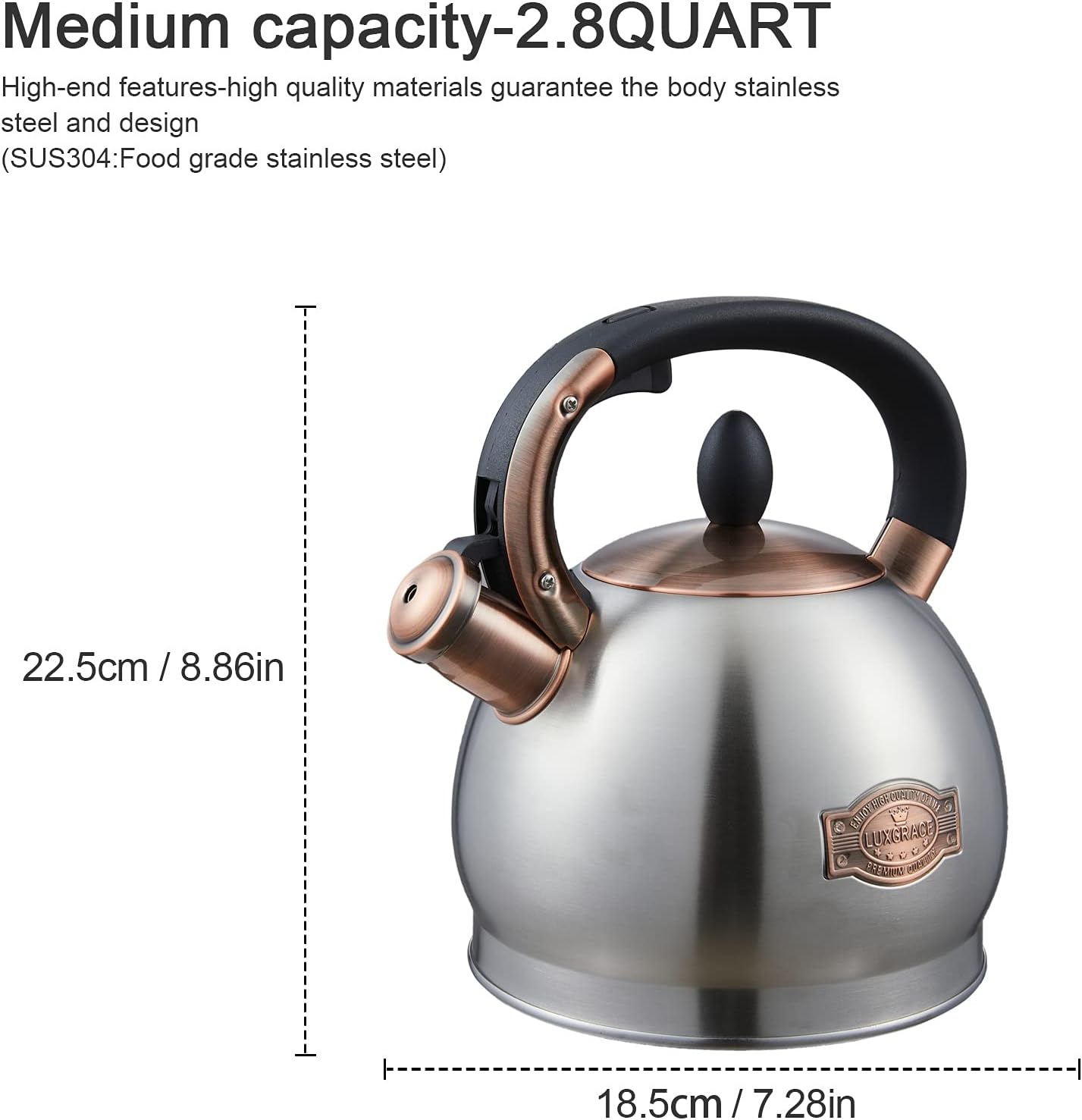 Stainless Steel 2.8 Quart Tea Kettle Stovetop Whistling Teapot - LUXGRACE
