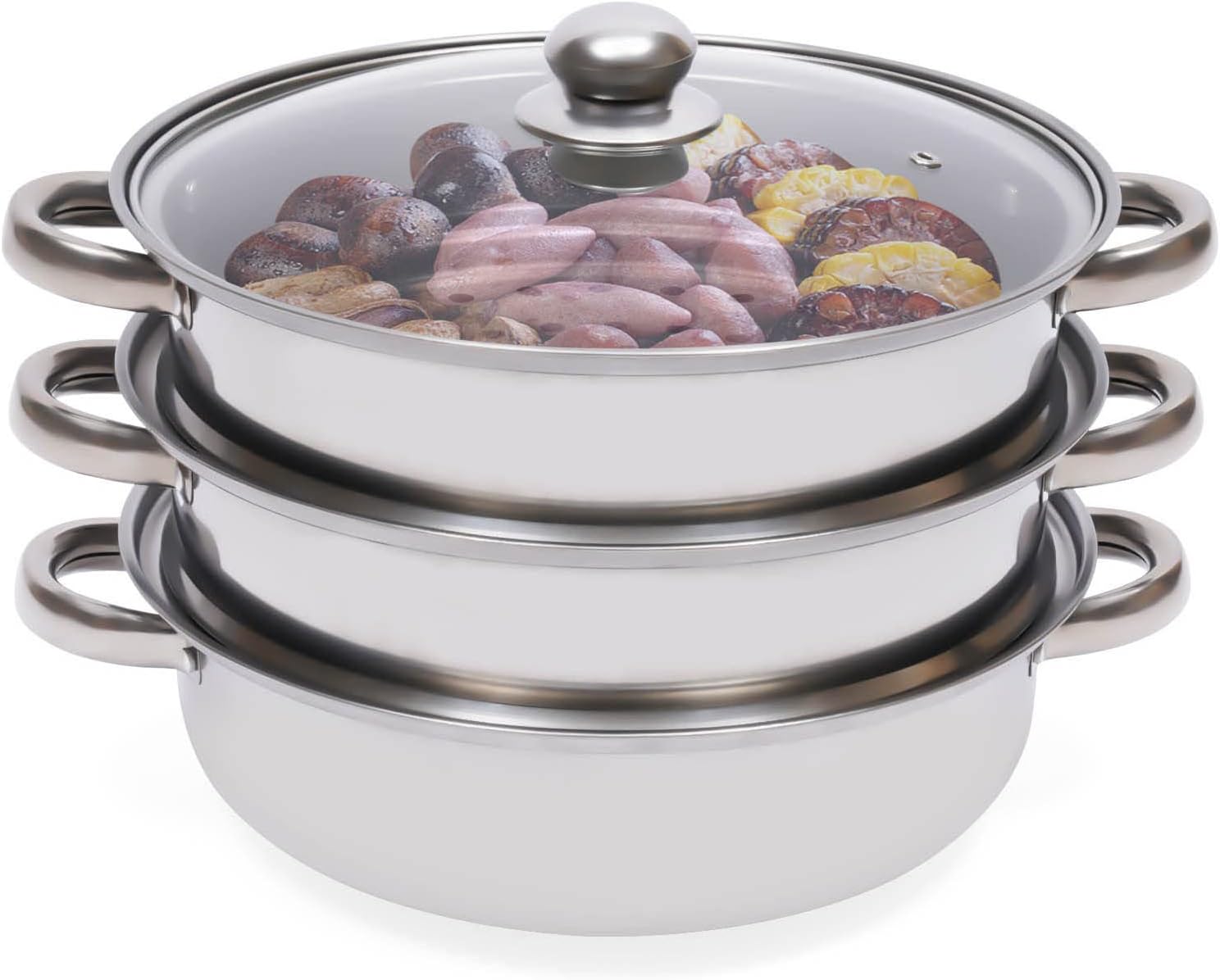 Stainless Steel 3 Tier Steamer Set with Glass Lid, 11 Inch Cooking Pots for Stews, Seafood, Soups, Pasta, Vegetables - Wawuwao