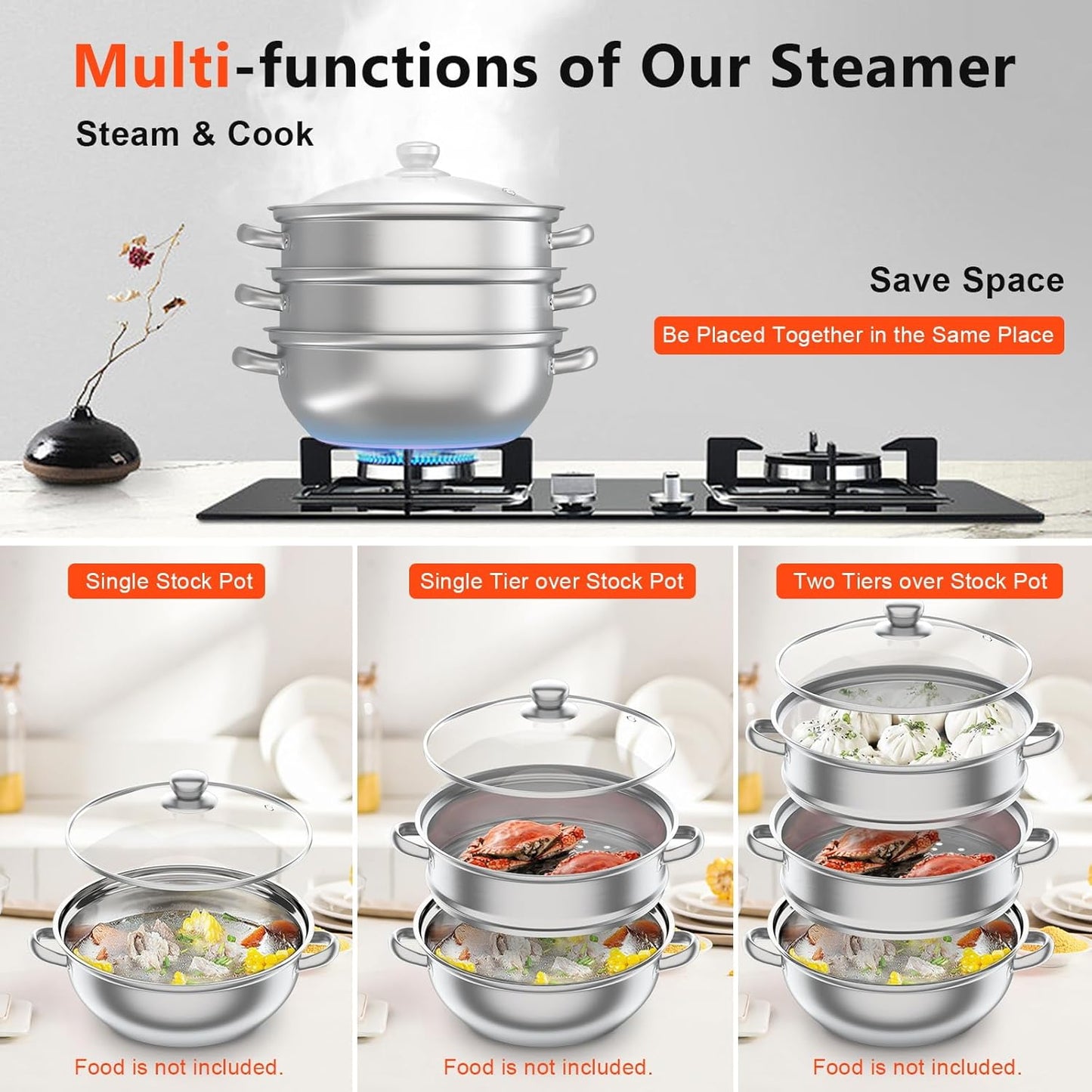 Stainless Steel 3 Tier Steamer Set with Glass Lid, 11 Inch Cooking Pots for Stews, Seafood, Soups, Pasta, Vegetables - Wawuwao