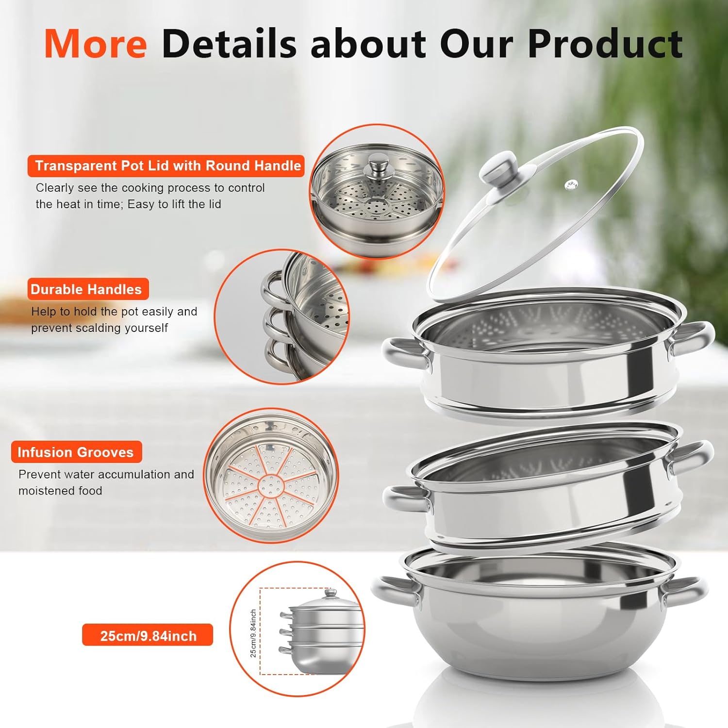 Stainless Steel 3 Tier Steamer Set with Glass Lid, 11 Inch Cooking Pots for Stews, Seafood, Soups, Pasta, Vegetables - Wawuwao