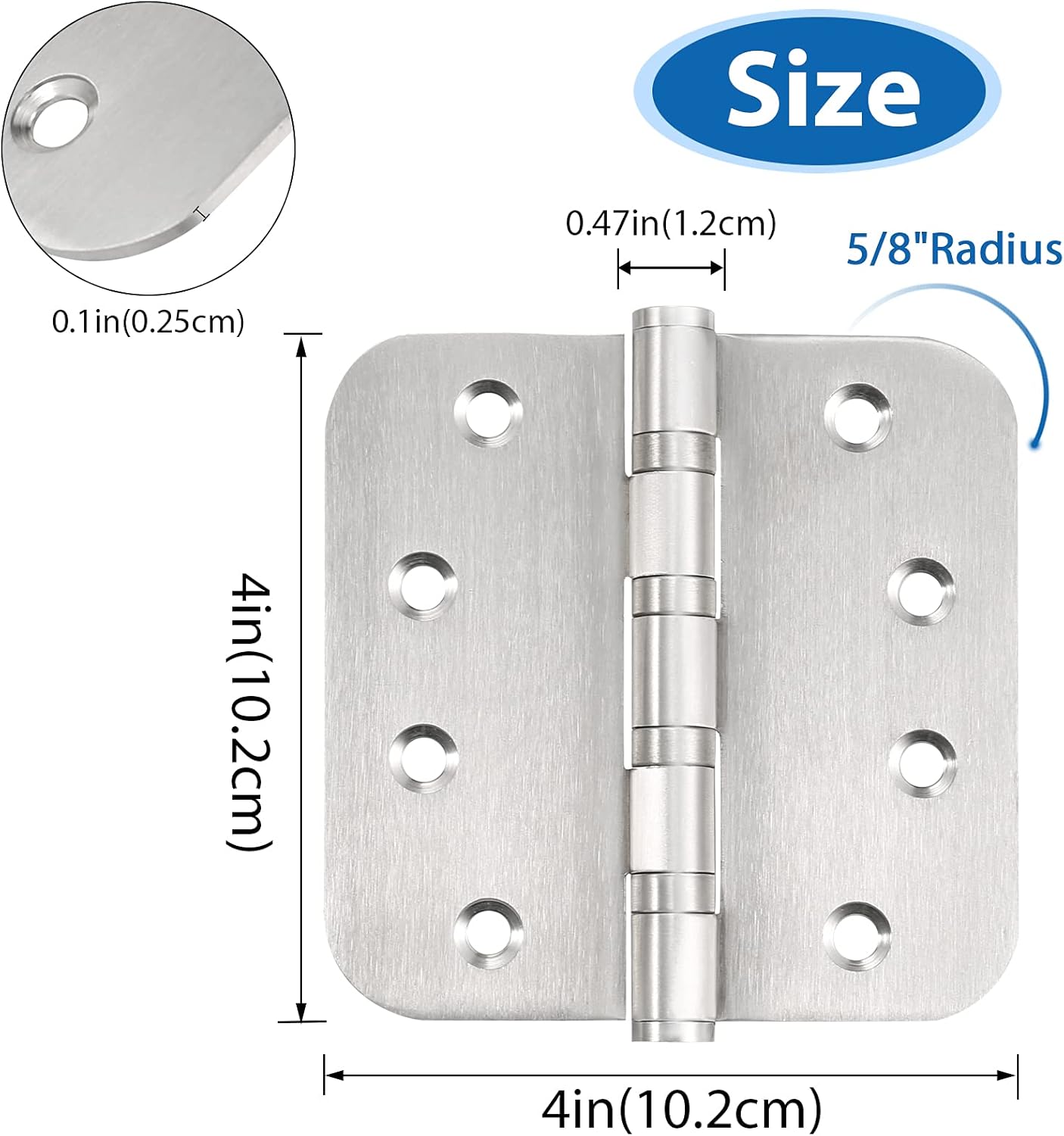 Stainless Steel 4'' Ball Bearing Door Hinges - Heavy Duty Commercial Grade 4 x 4 inch with 5/8 Inch Radius Corners - Pack of 3
