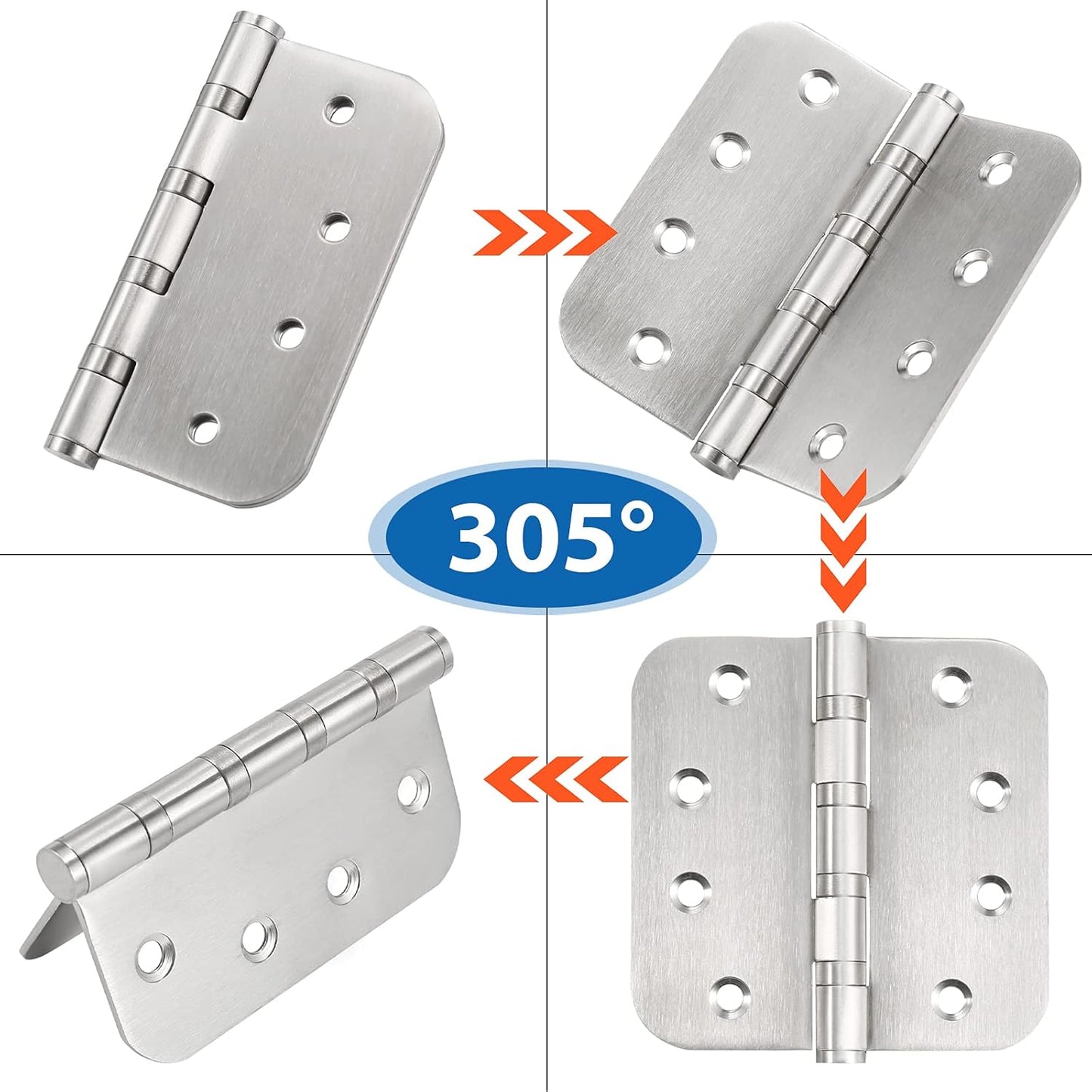 Stainless Steel 4'' Ball Bearing Door Hinges - Heavy Duty Commercial Grade 4 x 4 inch with 5/8 Inch Radius Corners - Pack of 3