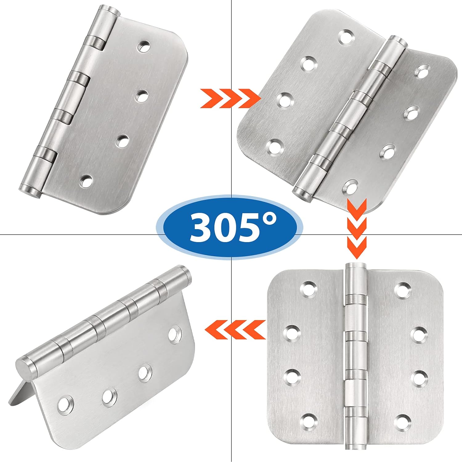 Stainless Steel 4'' Ball Bearing Door Hinges - Heavy Duty Commercial Grade 4 x 4 inch with 5/8 Inch Radius Corners - Pack of 3