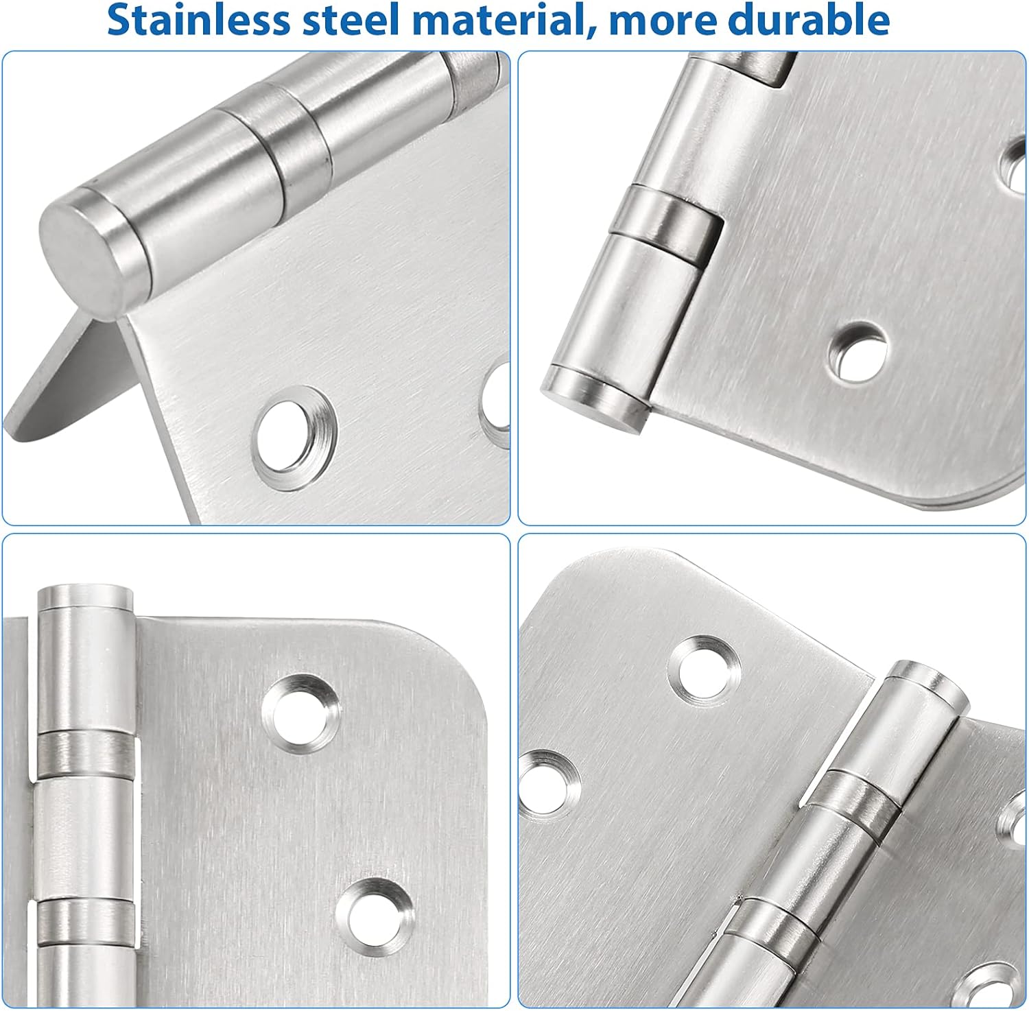 Stainless Steel 4'' Ball Bearing Door Hinges - Heavy Duty Commercial Grade 4 x 4 inch with 5/8 Inch Radius Corners - Pack of 3