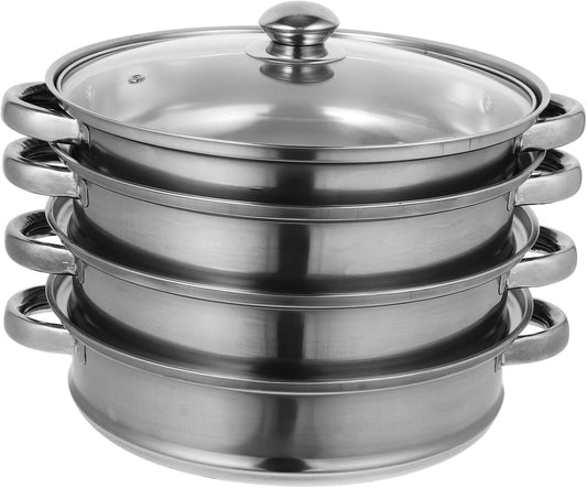 Stainless Steel 4 Tier Steamer Pot for Cooking and Steaming - Large Size Stovetop Soup Pot with Multiple Levels - Dumpling Steamer Olla Vaporera Grande - Silver Color