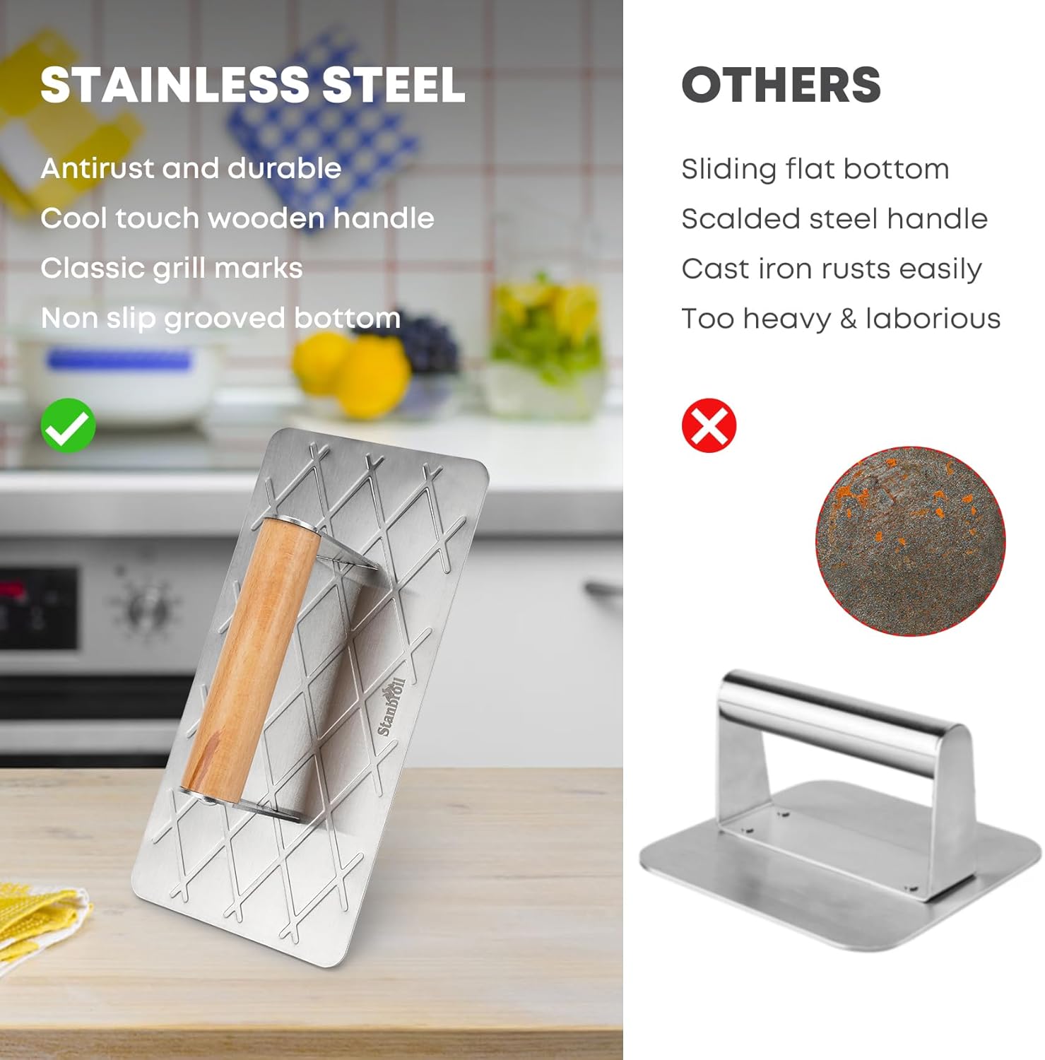 Stainless Steel 9” x 4.5” Bacon Press for Griddle - Professional Grill Accessory for Flat Top Cooking