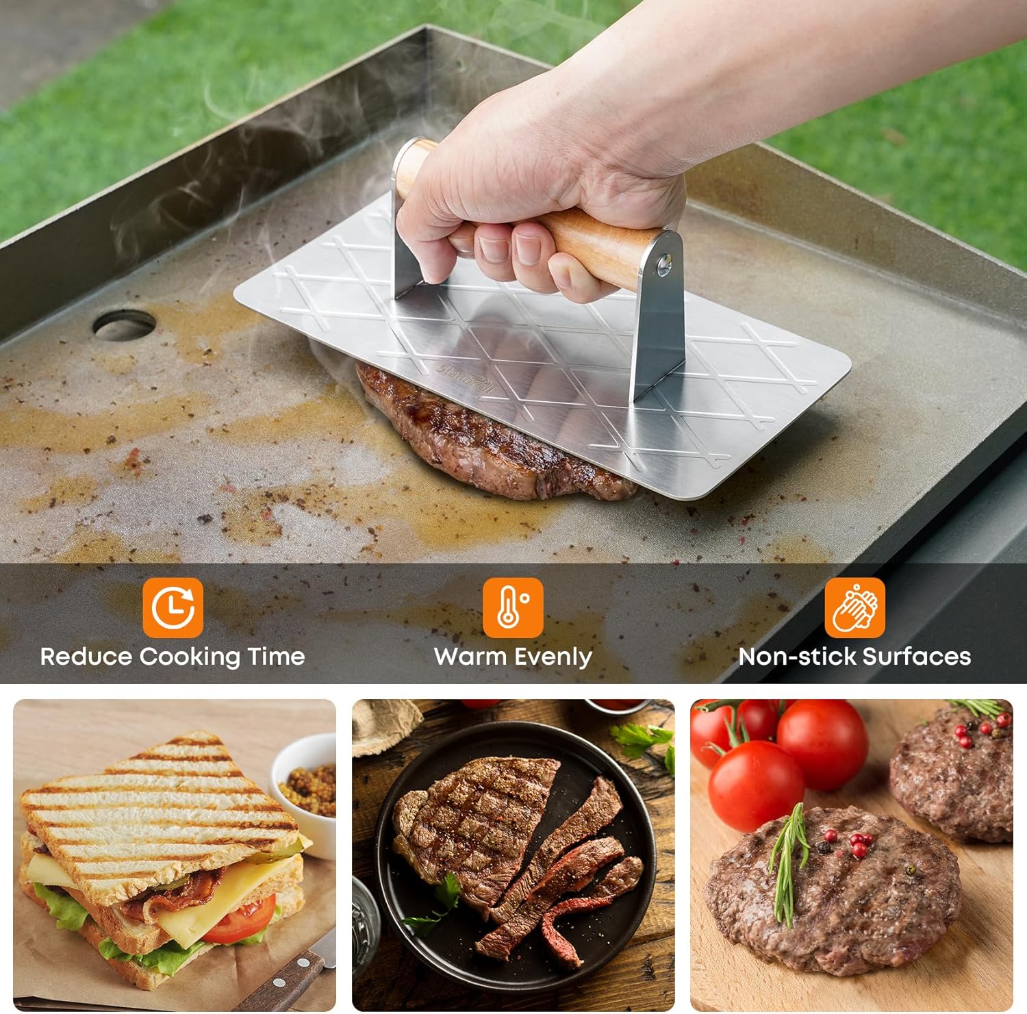 Stainless Steel 9” x 4.5” Bacon Press for Griddle - Professional Grill Accessory for Flat Top Cooking