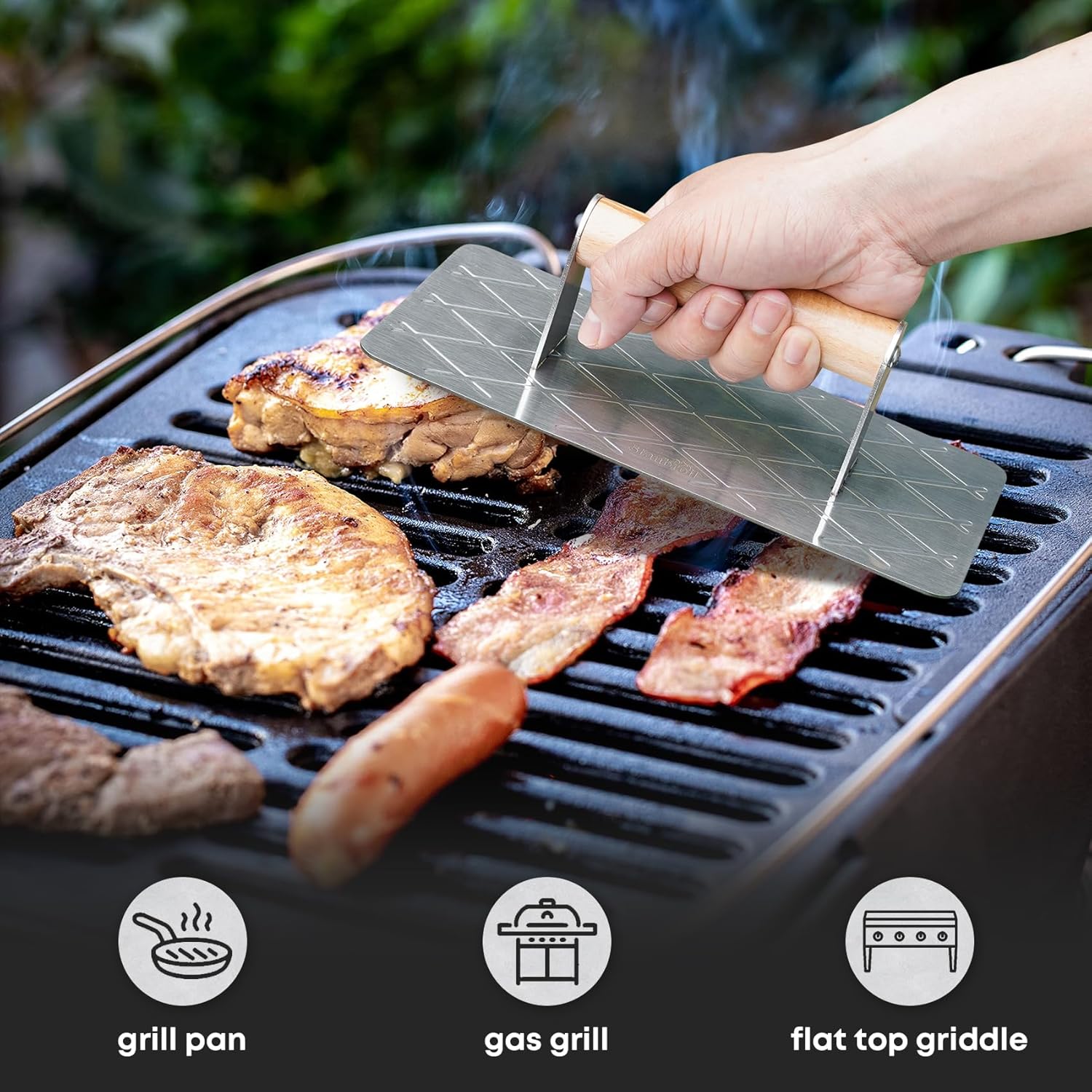 Stainless Steel 9” x 4.5” Bacon Press for Griddle - Professional Grill Accessory for Flat Top Cooking