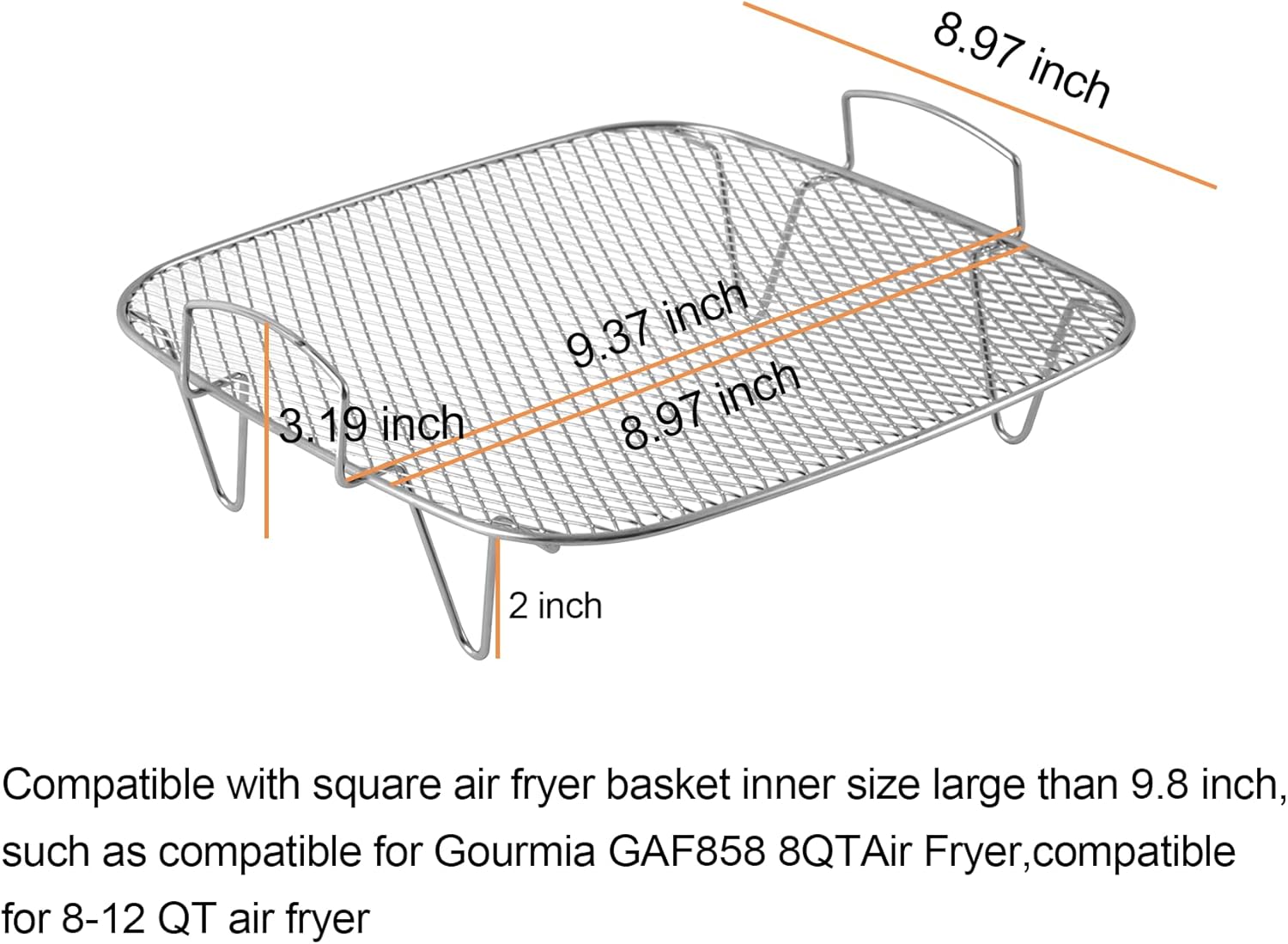 Stainless Steel 9.37 inch Air Fryer Rack Compatible with Gourmia GAF858 - Accessories for 8-12QT Fryers
