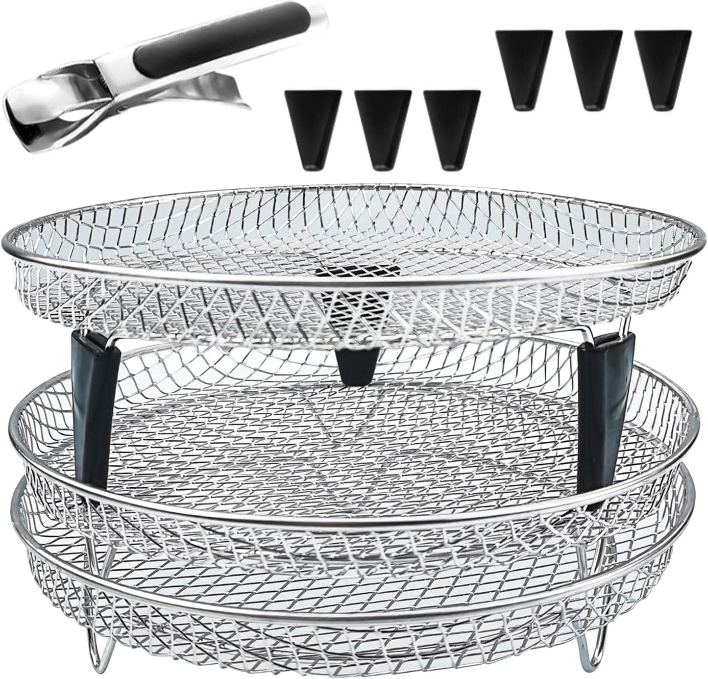 Stainless Steel Air Fryer Dehydrator Racks - Three Stackable Upgrade Rack for Gowise, Phillips, Cozyna, Ninja Airfryer - Round Fit 4.2QT-5.8QT - Oven, Press Cooker