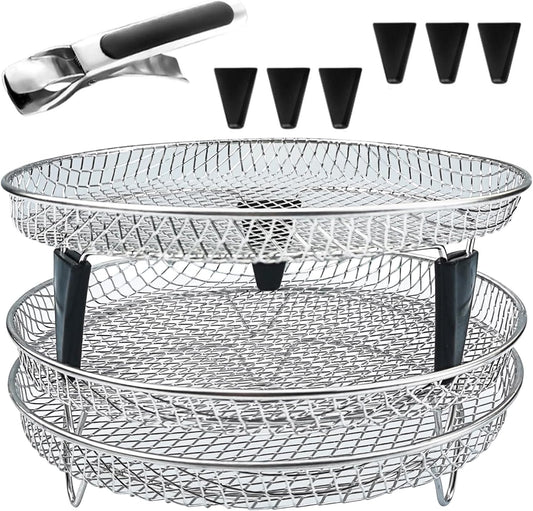 Stainless Steel Air Fryer Dehydrator Racks - Three Stackable Upgrade Rack for Gowise, Phillips, Cozyna, Ninja Airfryer - Round Fit 4.2QT-5.8QT - Oven, Press Cooker