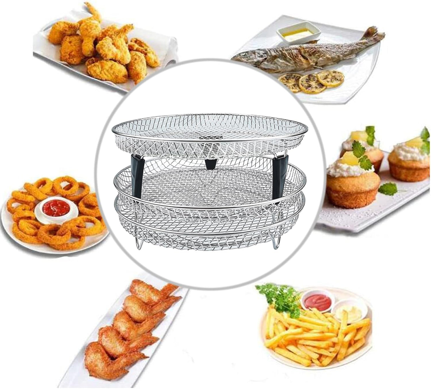 Stainless Steel Air Fryer Dehydrator Racks - Three Stackable Upgrade Rack for Gowise, Phillips, Cozyna, Ninja Airfryer - Round Fit 4.2QT-5.8QT - Oven, Press Cooker