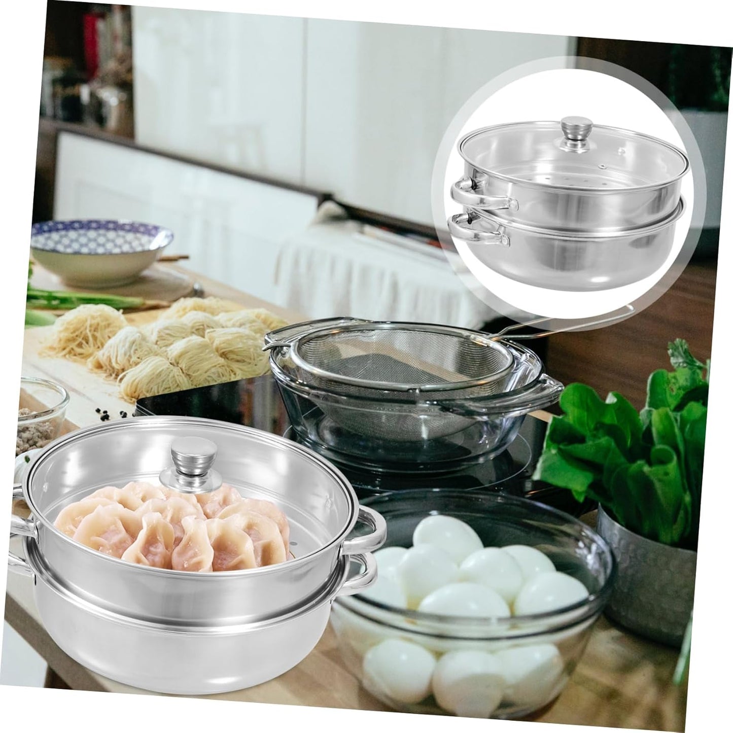 Stainless Steel Amphora Cooking Stock Pot Set for Electric Multi Cooker - Large Steamer Pot with Triple Basket