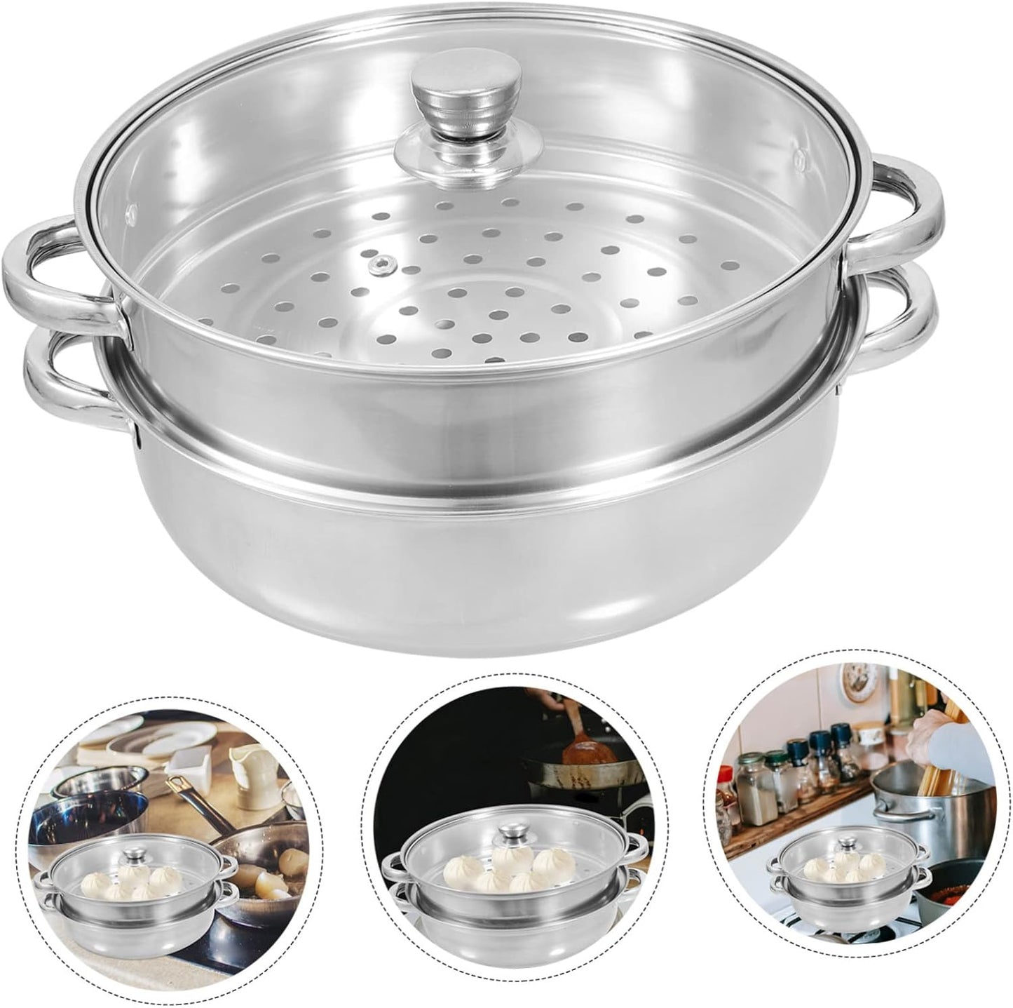 Stainless Steel Amphora Cooking Stock Pot Set for Electric Multi Cooker - Large Steamer Pot with Triple Basket