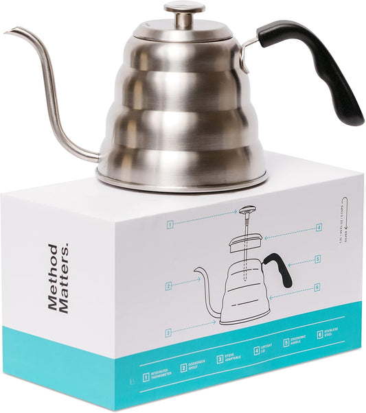 Stainless Steel Barista Warrior Gooseneck Kettle with Thermometer for Precise Pour Over Coffee and Tea Brewing - 1.2 Liter