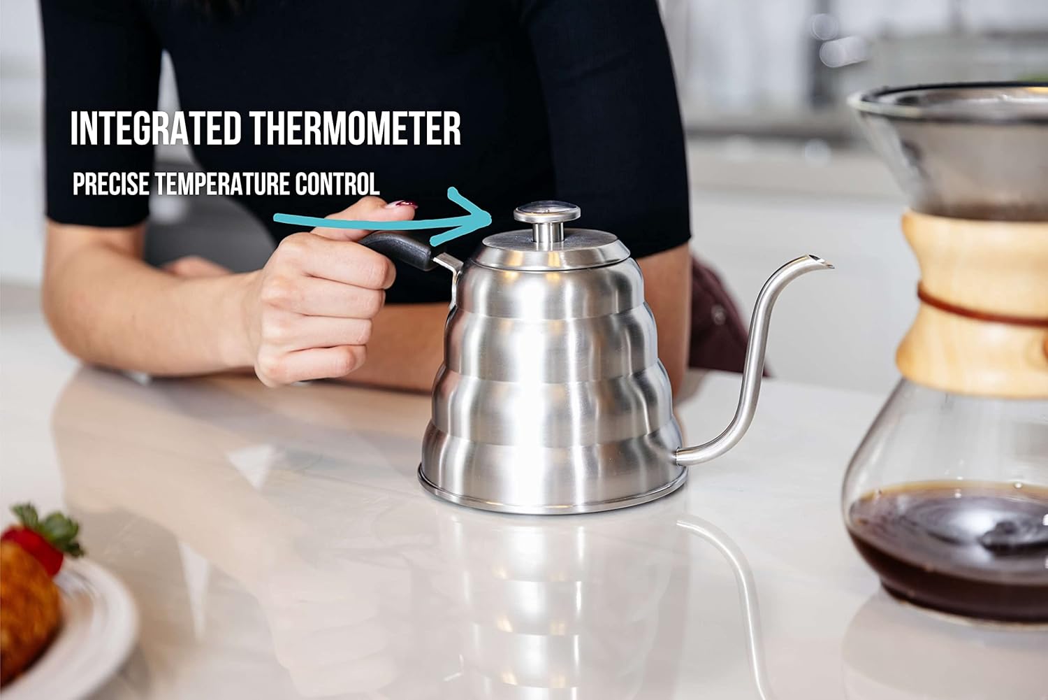 Stainless Steel Barista Warrior Gooseneck Kettle with Thermometer for Precise Pour Over Coffee and Tea Brewing - 1.2 Liter