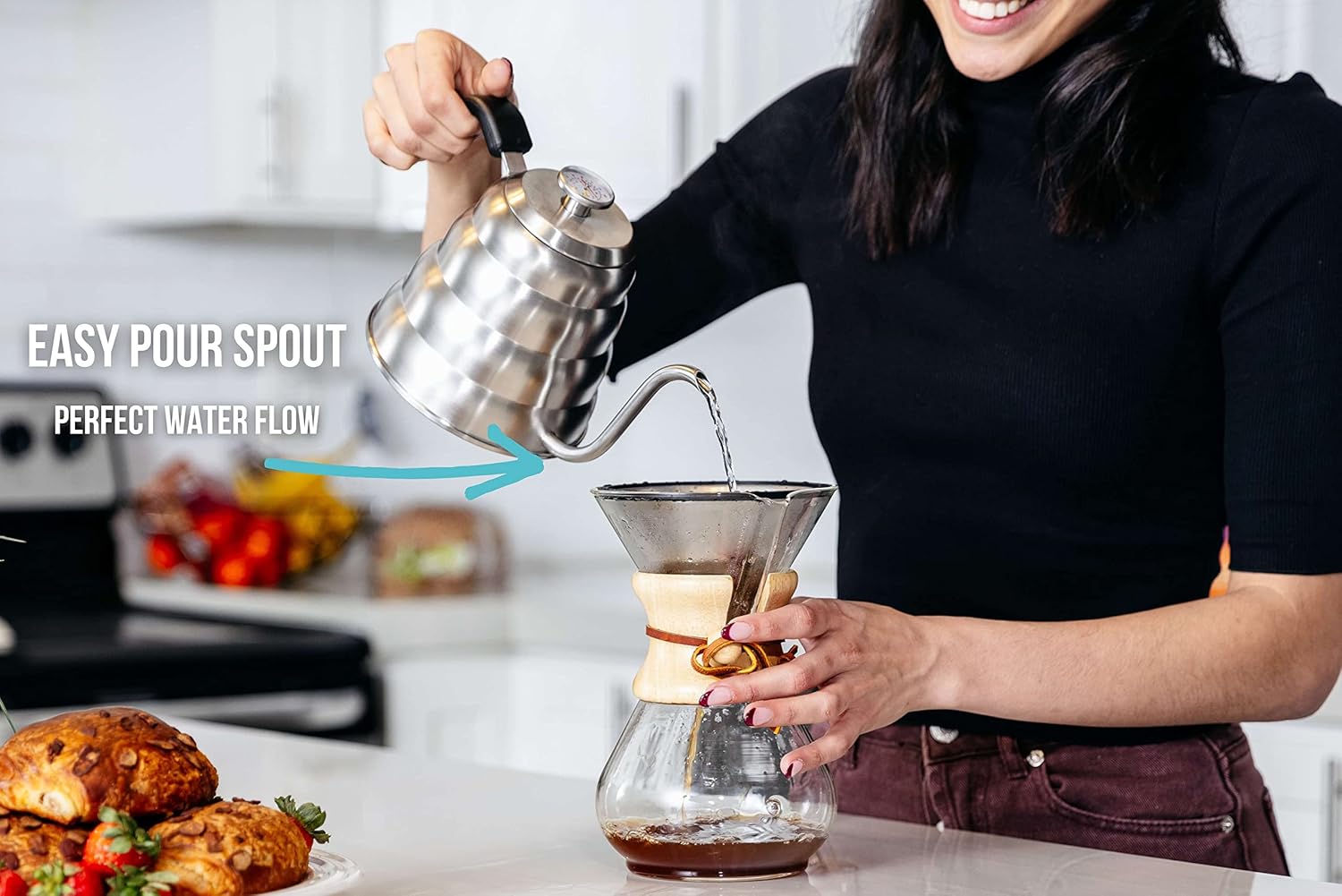 Stainless Steel Barista Warrior Gooseneck Kettle with Thermometer for Precise Pour Over Coffee and Tea Brewing - 1.2 Liter