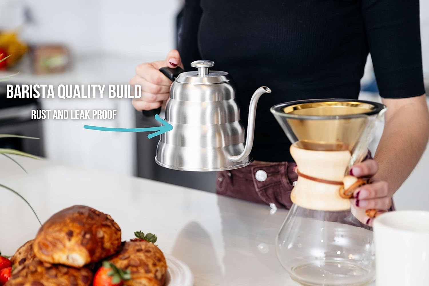 Stainless Steel Barista Warrior Gooseneck Kettle with Thermometer for Precise Pour Over Coffee and Tea Brewing - 1.2 Liter