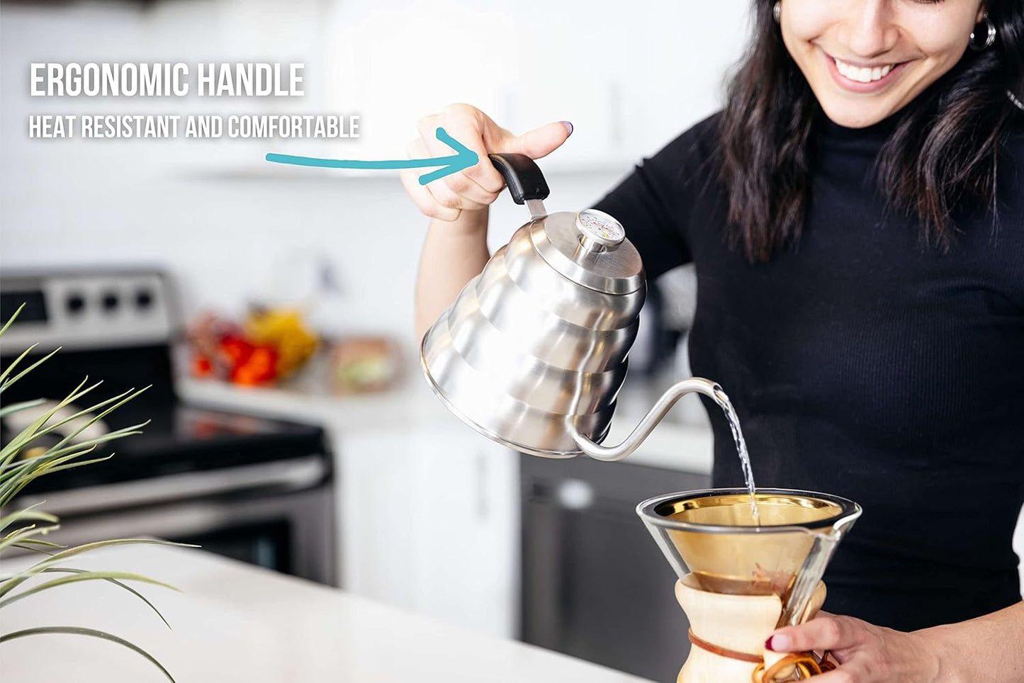 Stainless Steel Barista Warrior Gooseneck Kettle with Thermometer for Precise Pour Over Coffee and Tea Brewing - 1.2 Liter