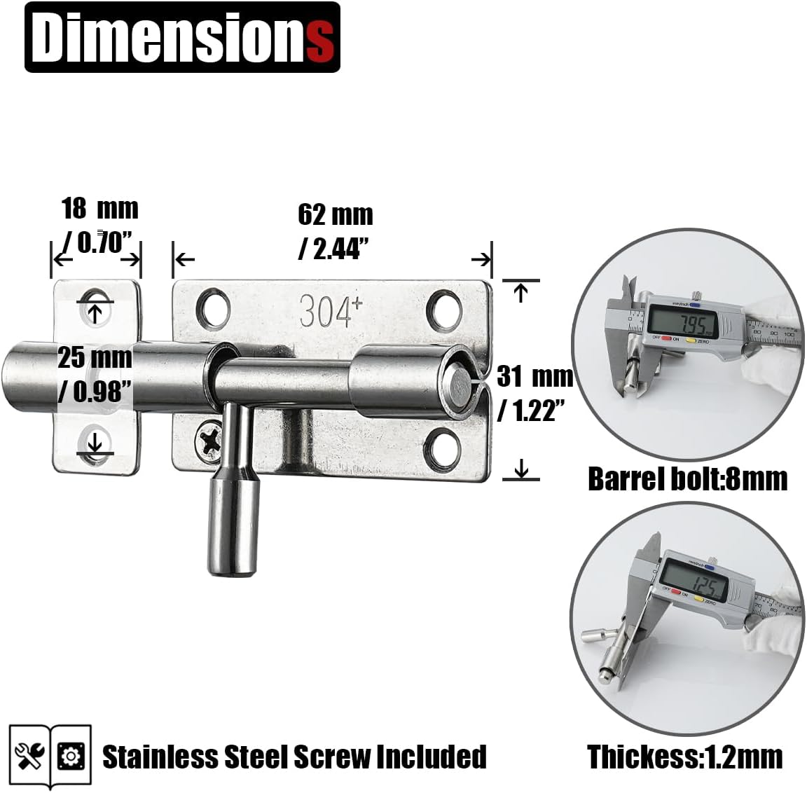 Stainless Steel Barrel Bolt Door Latch, 1.4mm Thick, 3 Inch Silver - Pack of 2