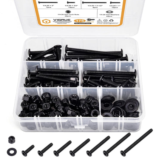 Stainless Steel Black Oxide Flat Socket Head Screw Kit, 1/4-20 Assortment with Lock Nuts, Furniture Bolts, Countersunk Screws - 18-8 (304), 3/4" to 3" Length