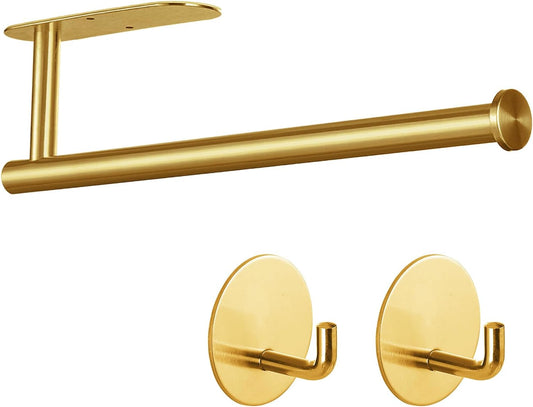 Stainless Steel Brushed Gold Paper Towel Holder with 2 Hooks for Kitchen, Wall Mounted Space Saving Under Cabinet Roll Holder