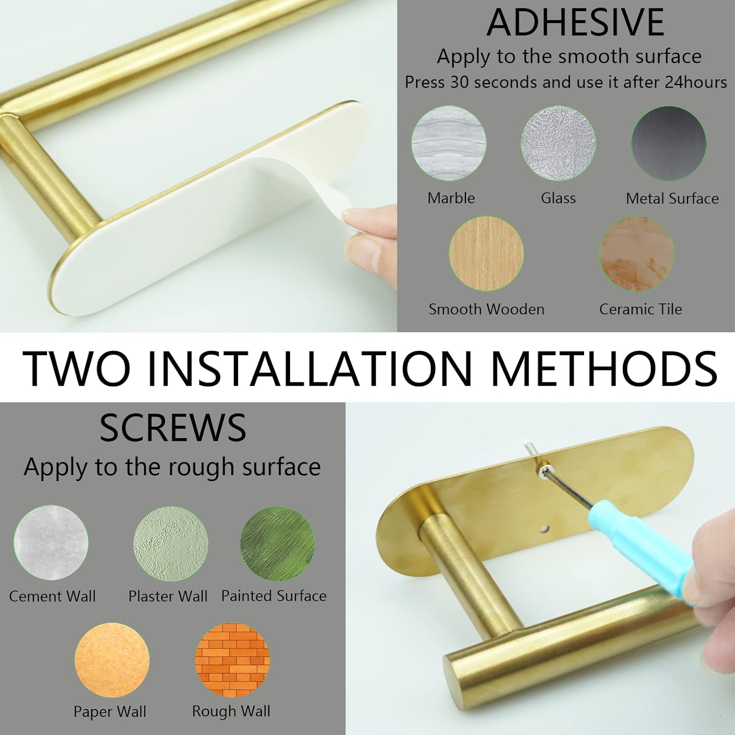 Stainless Steel Brushed Gold Paper Towel Holder with 2 Hooks for Kitchen, Wall Mounted Space Saving Under Cabinet Roll Holder
