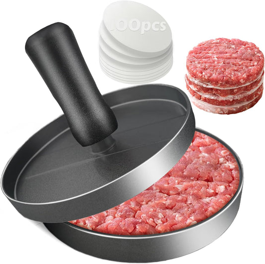 Stainless Steel Burger Press Patty Maker with 100 Patty Papers - Hamburger Smasher Tool for Round Non-Stick Patties - Black Set