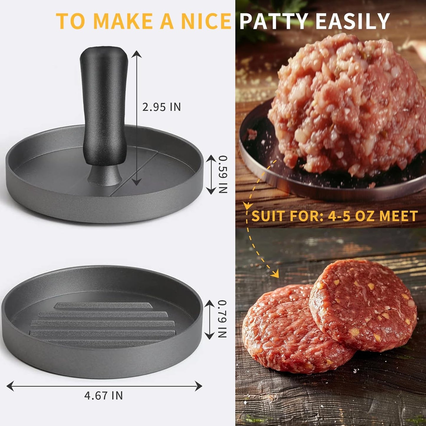 Stainless Steel Burger Press Patty Maker with 100 Patty Papers - Hamburger Smasher Tool for Round Non-Stick Patties - Black Set
