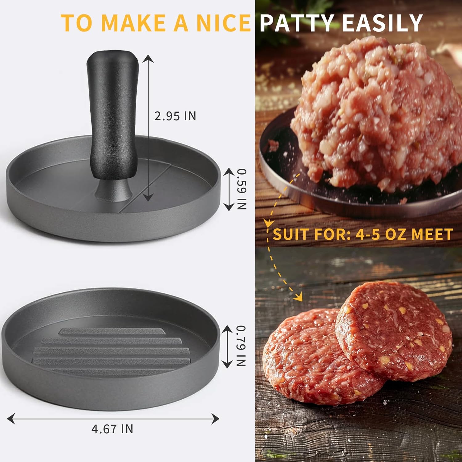 Stainless Steel Burger Press Patty Maker with 100 Patty Papers - Hamburger Smasher Tool for Round Non-Stick Patties - Black Set