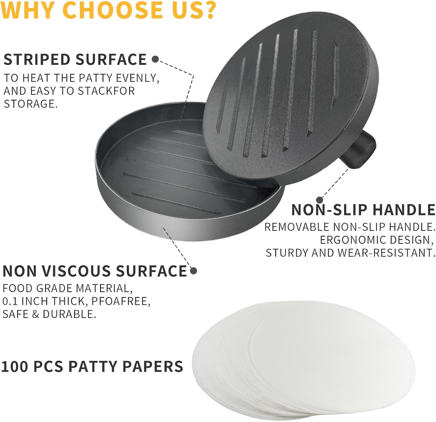 Stainless Steel Burger Press Patty Maker with 100 Patty Papers - Hamburger Smasher Tool for Round Non-Stick Patties - Black Set