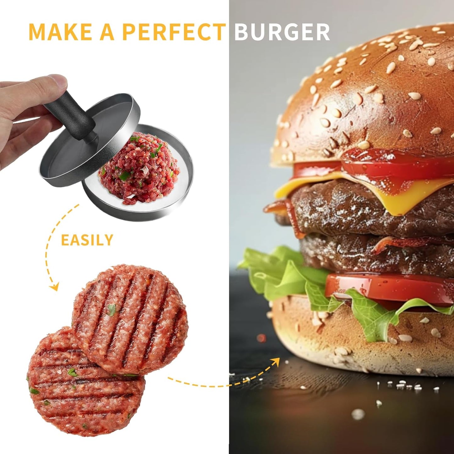 Stainless Steel Burger Press Patty Maker with 100 Patty Papers - Hamburger Smasher Tool for Round Non-Stick Patties - Black Set