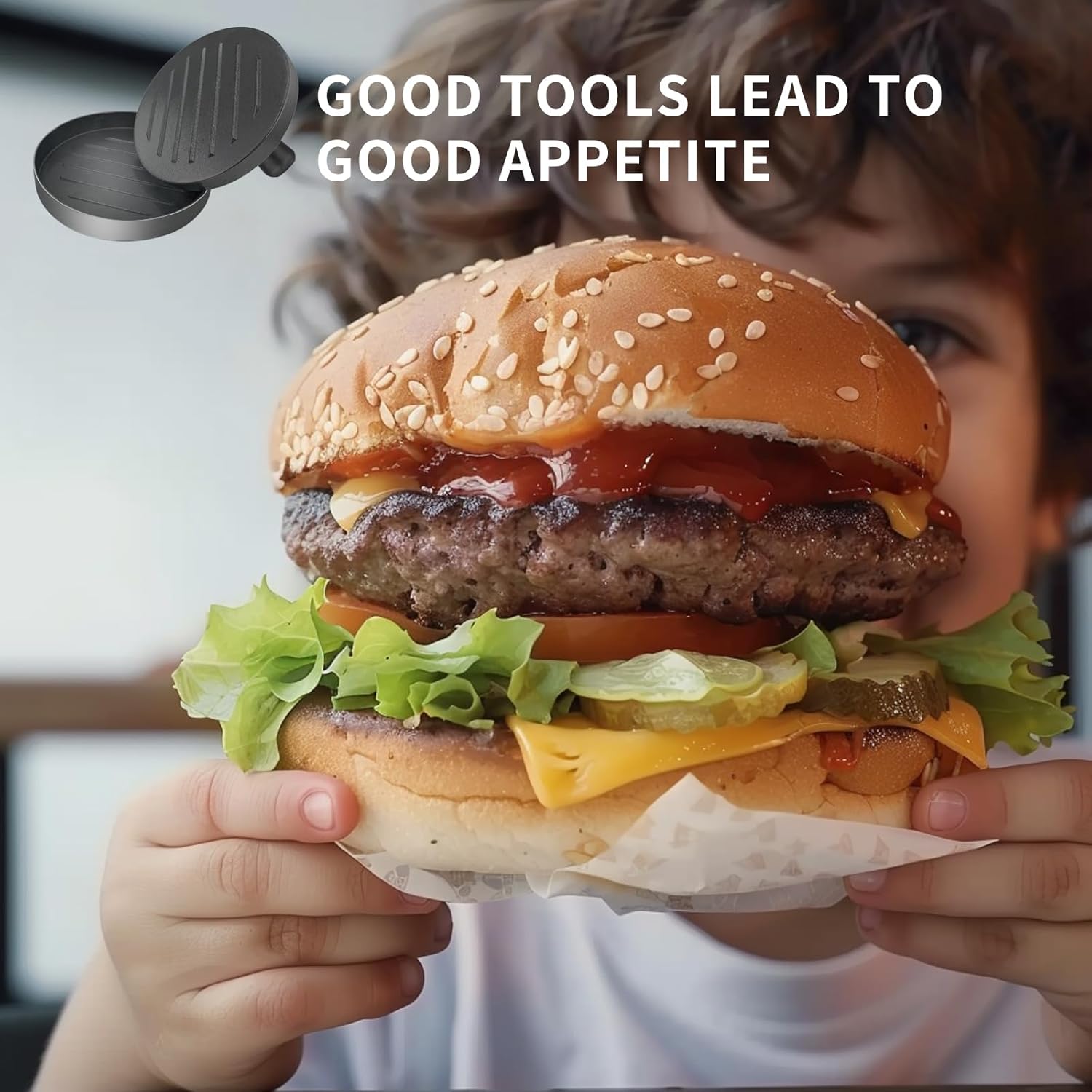 Stainless Steel Burger Press Patty Maker with 100 Patty Papers - Hamburger Smasher Tool for Round Non-Stick Patties - Black Set