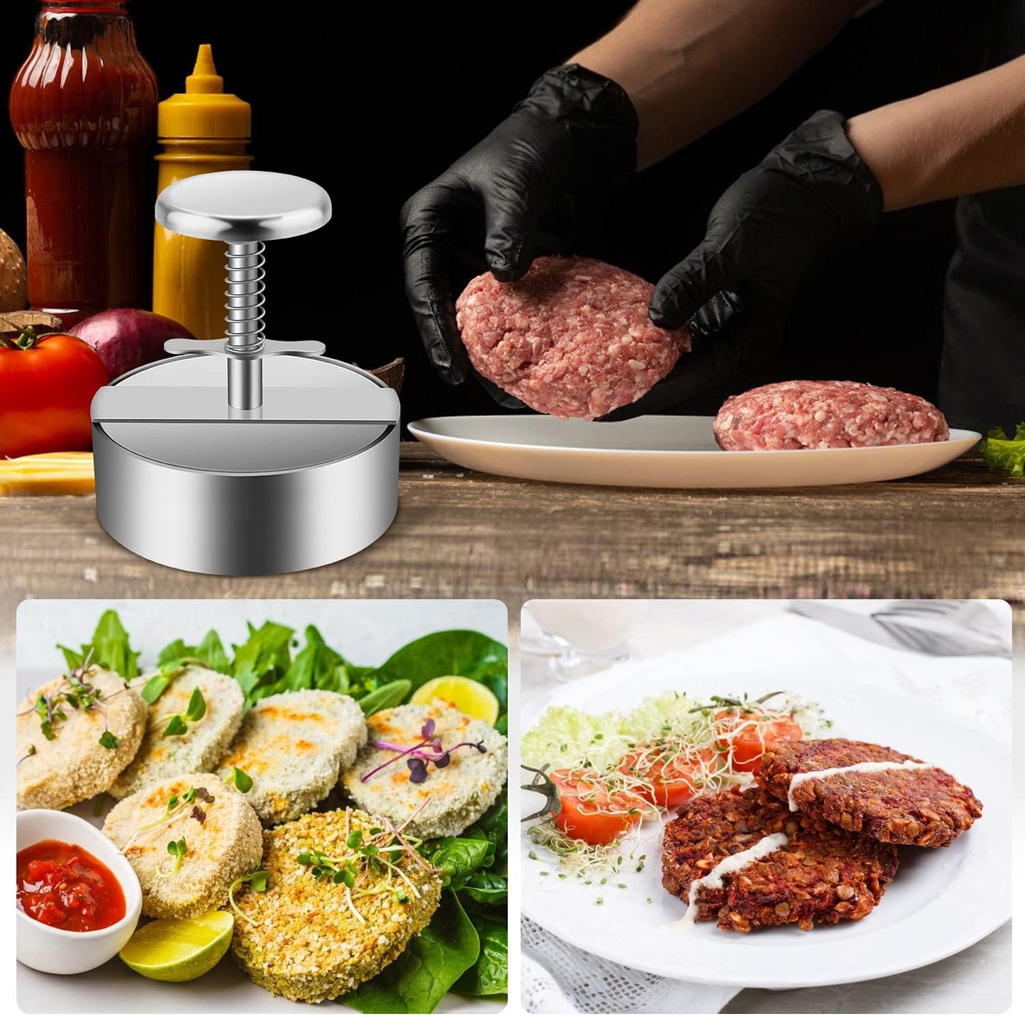 Stainless Steel Burger Press with Adjustable Non-Stick Patty Molds for Beef, Vegetables, BBQ Cooking - BPA Free