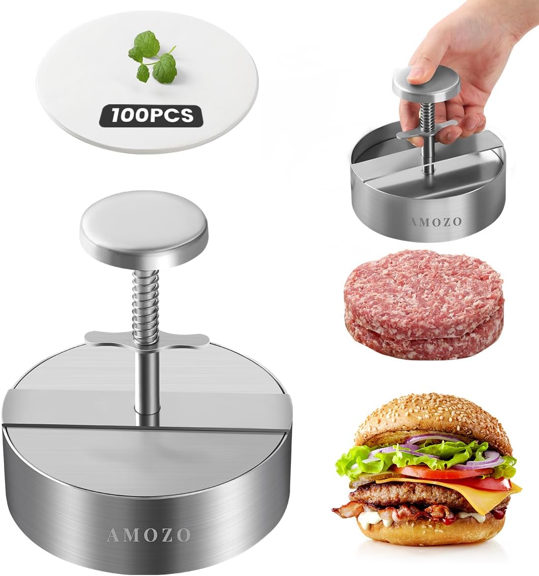 Stainless Steel Burger Press with Patty Maker and Baking Paper - Non-Stick Hamburger Patty Shaper for Burger Lovers (4.5 Inch)