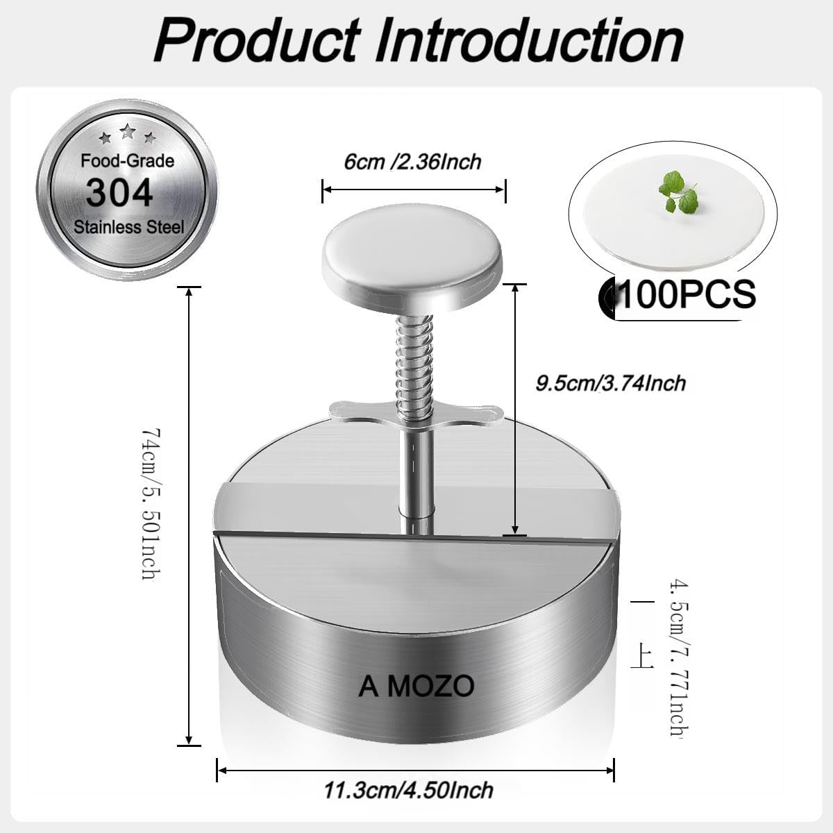 Stainless Steel Burger Press with Patty Maker and Baking Paper - Non-Stick Hamburger Patty Shaper for Burger Lovers (4.5 Inch)