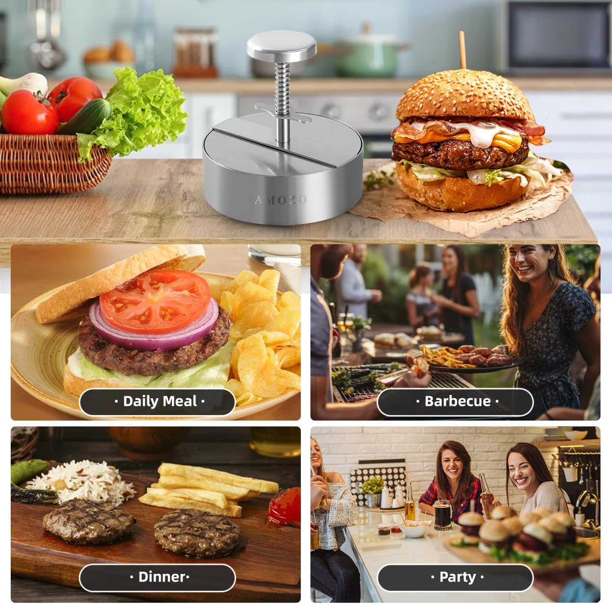 Stainless Steel Burger Press with Patty Maker and Baking Paper - Non-Stick Hamburger Patty Shaper for Burger Lovers (4.5 Inch)