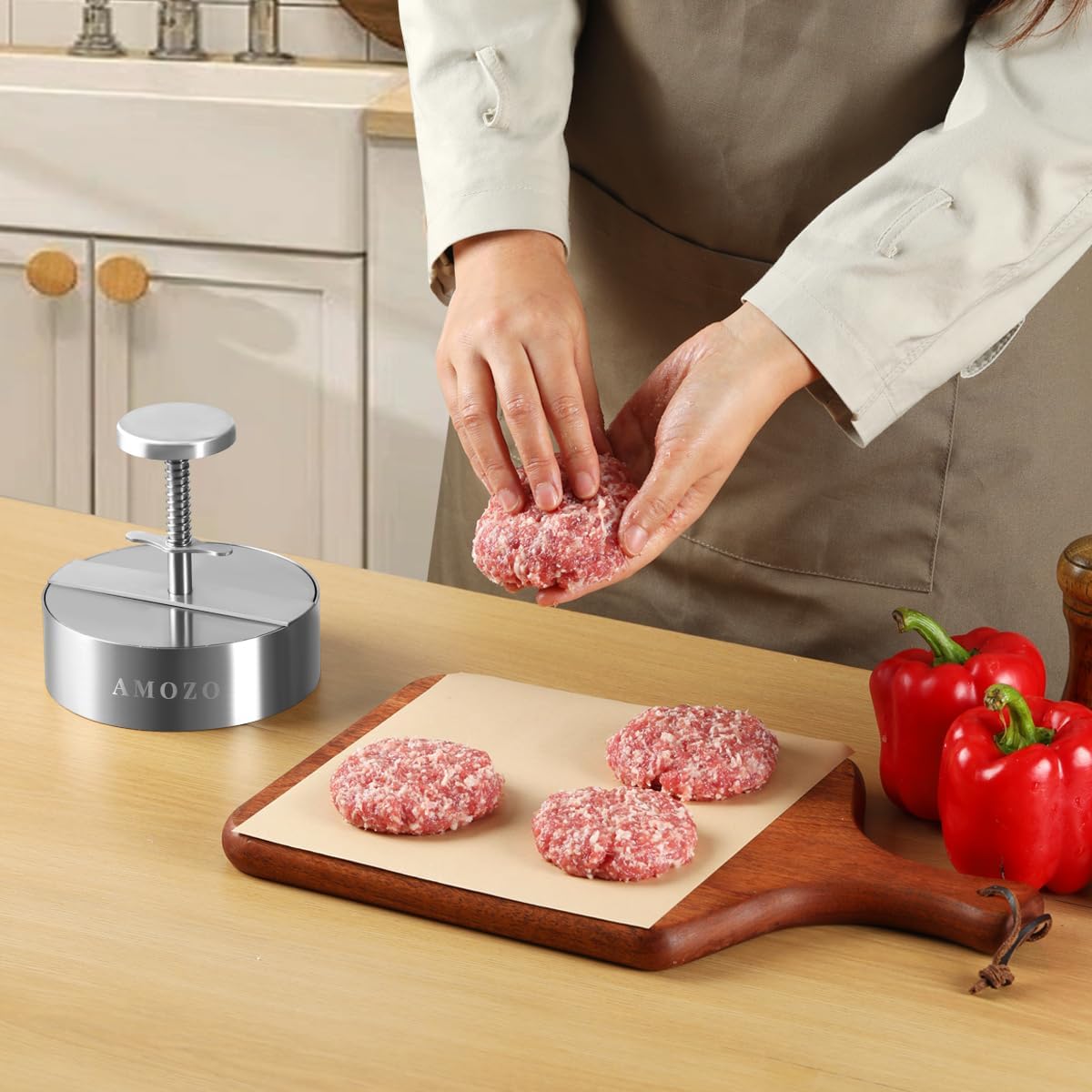 Stainless Steel Burger Press with Patty Maker and Baking Paper - Non-Stick Hamburger Patty Shaper for Burger Lovers (4.5 Inch)