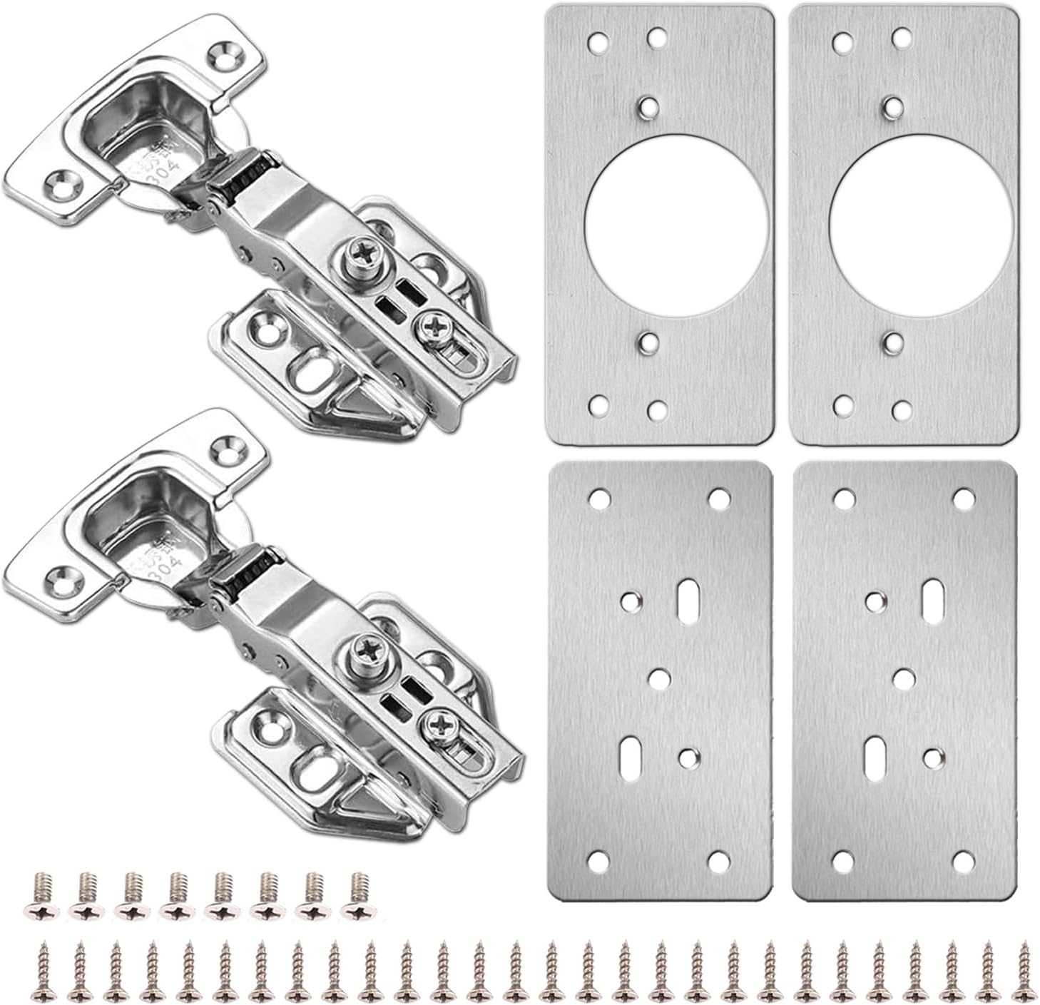 Stainless Steel Cabinet Hinge Repair Kit with Soft Closing Hinges - 4Pack Repair Plates & 2Pack Full Overlay Hinges - Mounting Screws Included