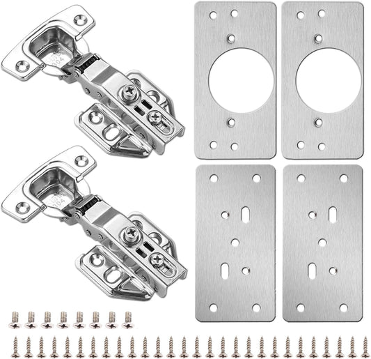 Stainless Steel Cabinet Hinge Repair Kit with Soft Closing Hinges - 4Pack Repair Plates & 2Pack Full Overlay Hinges - Mounting Screws Included