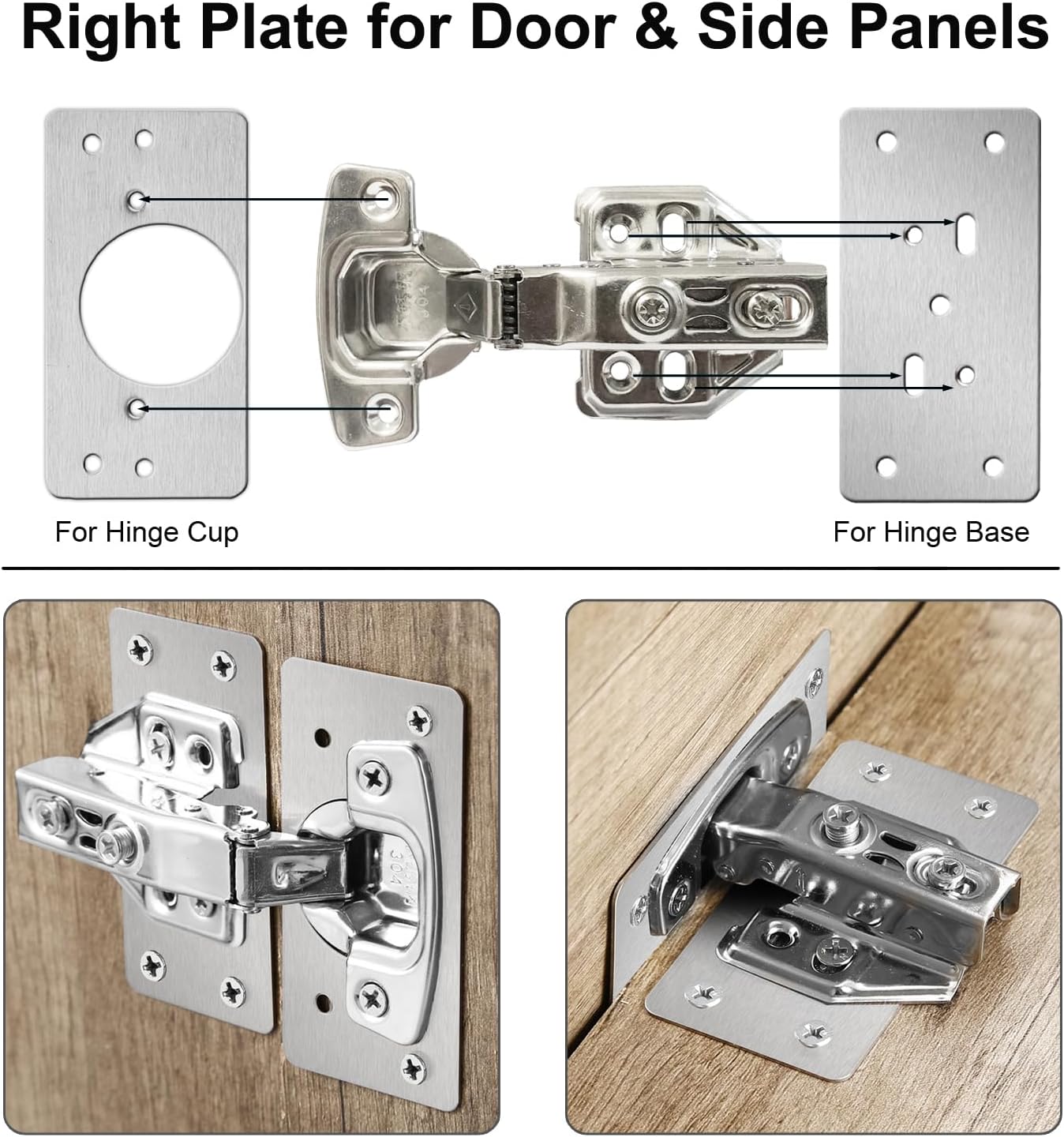 Stainless Steel Cabinet Hinge Repair Kit with Soft Closing Hinges - 4Pack Repair Plates & 2Pack Full Overlay Hinges - Mounting Screws Included
