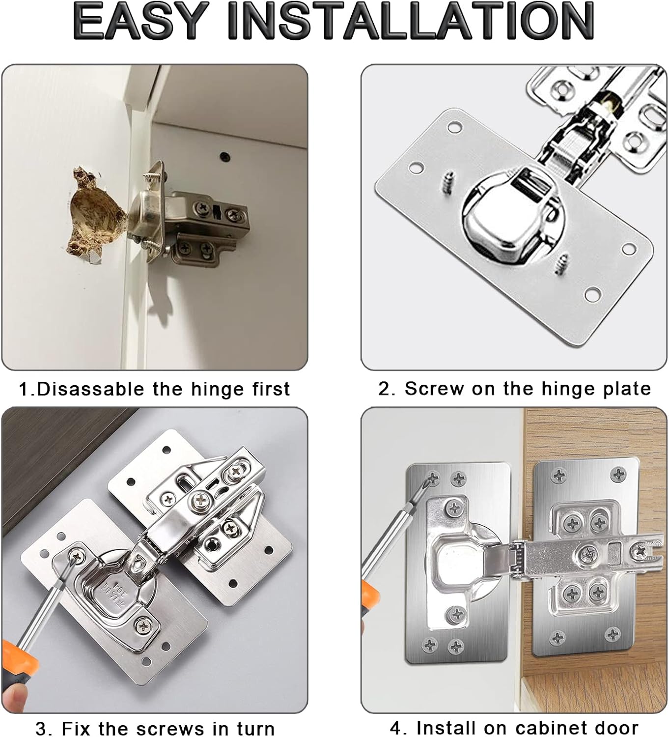 Stainless Steel Cabinet Hinge Repair Kit with Soft Closing Hinges - 4Pack Repair Plates & 2Pack Full Overlay Hinges - Mounting Screws Included