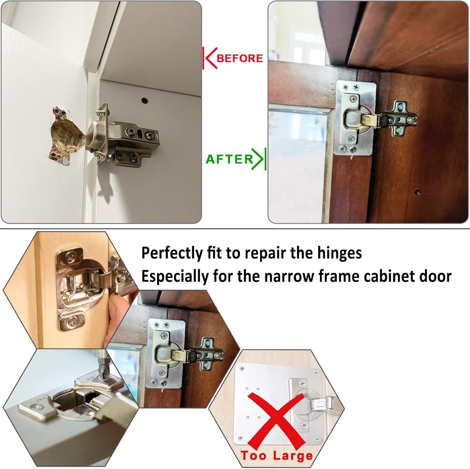 Stainless Steel Cabinet Hinge Repair Kit with Soft Closing Hinges - 4Pack Repair Plates & 2Pack Full Overlay Hinges - Mounting Screws Included